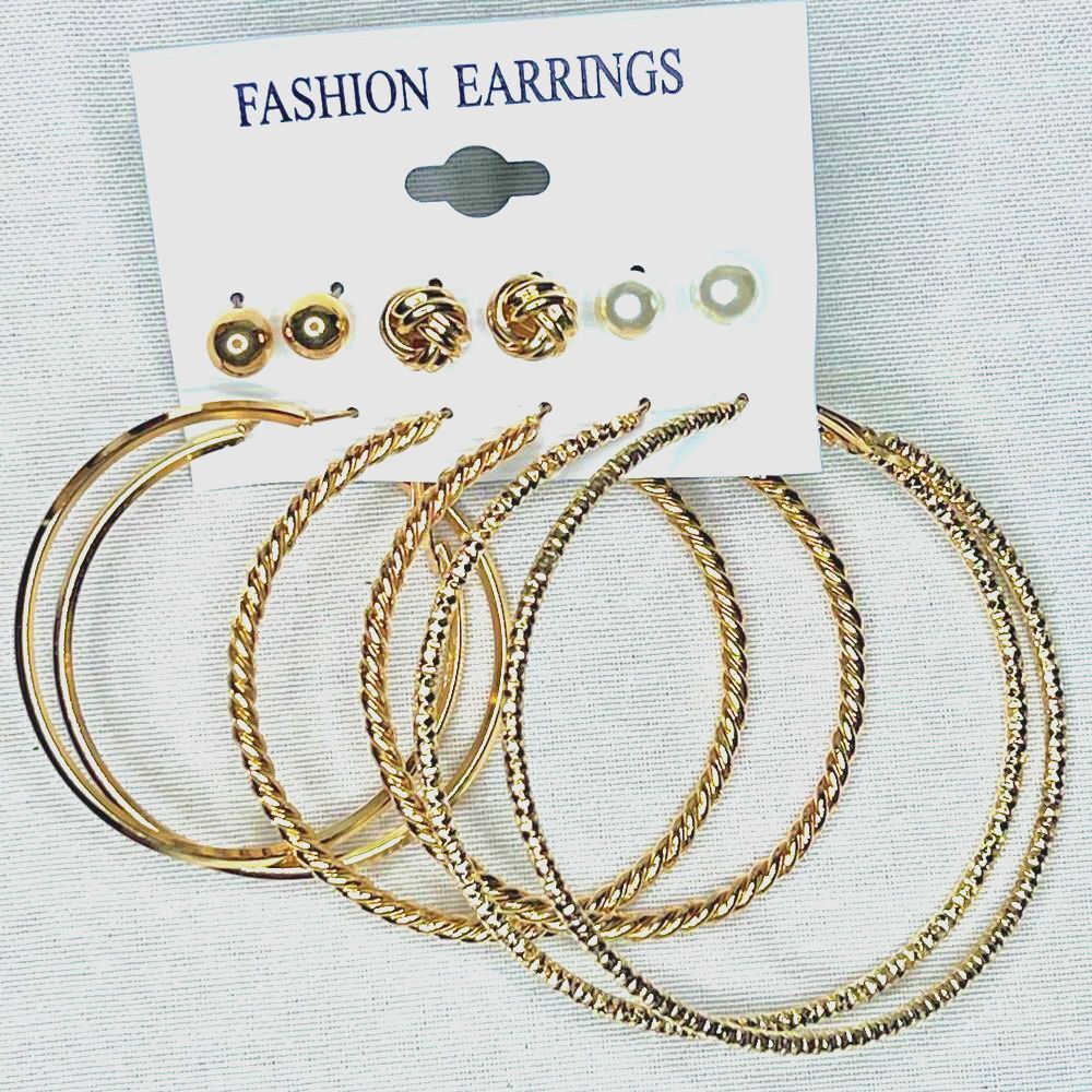 NWT Glamorous 6 Elegant Mix textured Big Gold Hoops and Studs Earring Set
